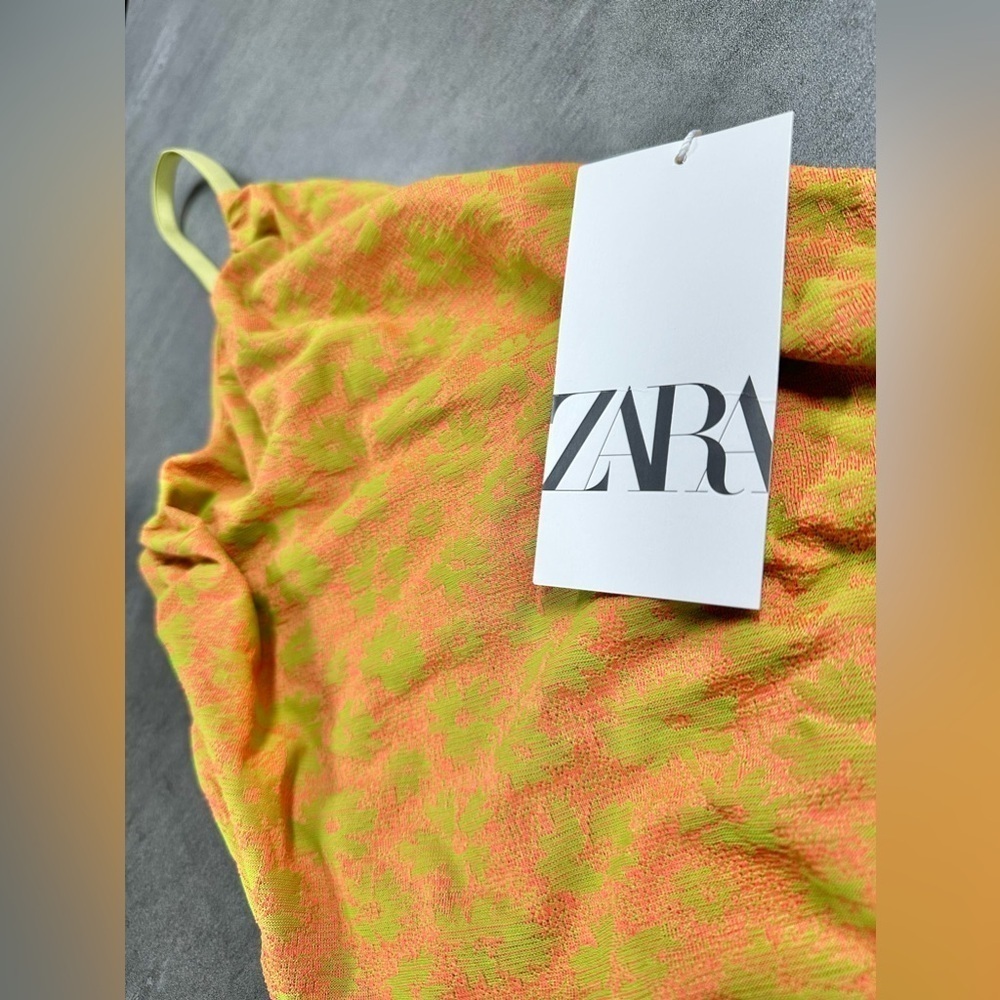 ZARA Bright Lime Green and Orange Floral One Shoulder Adjustable Strap Ruch Top - Picture 3 of 4